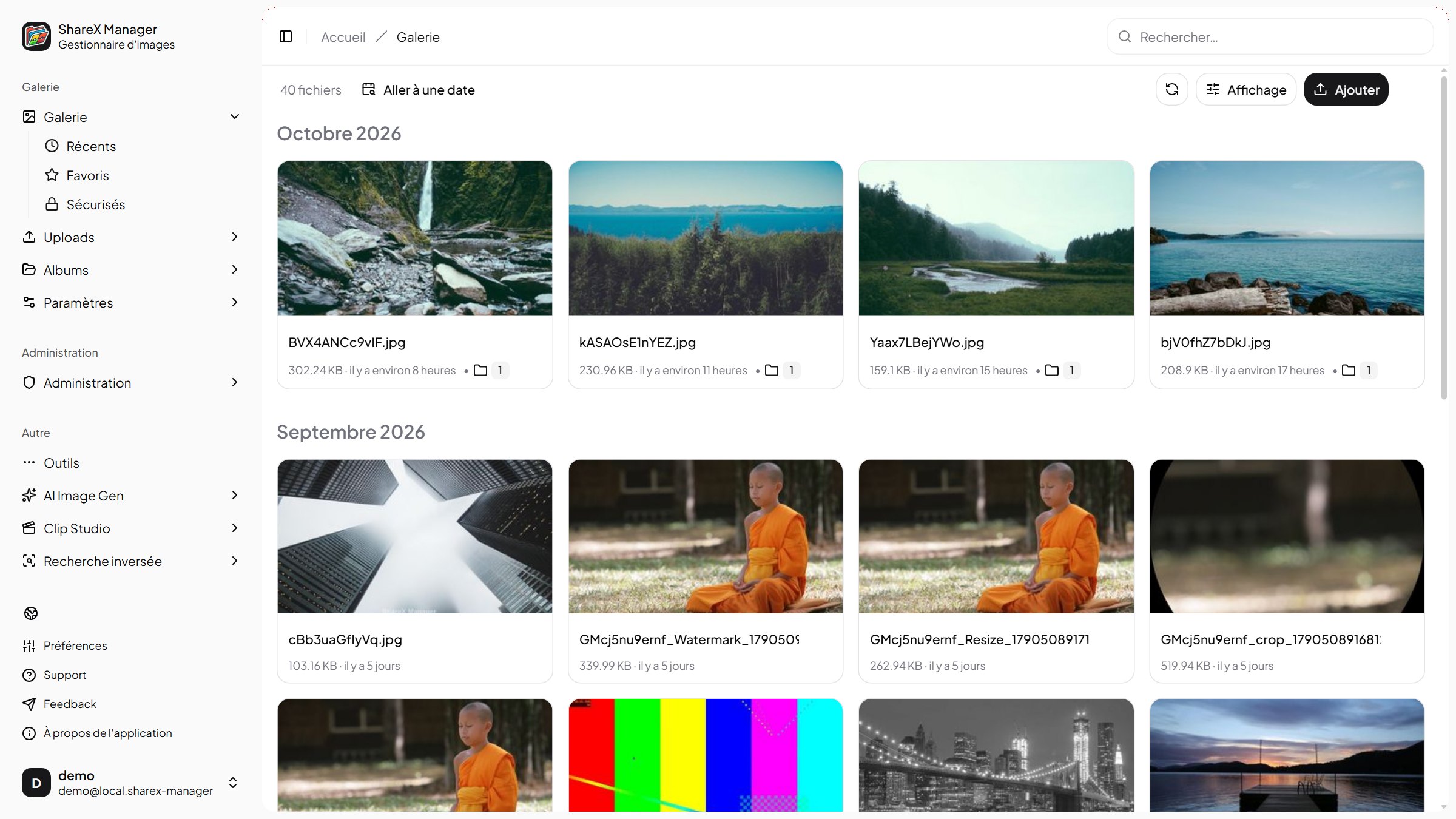 La galerie de ShareX Manager, images classées par mois