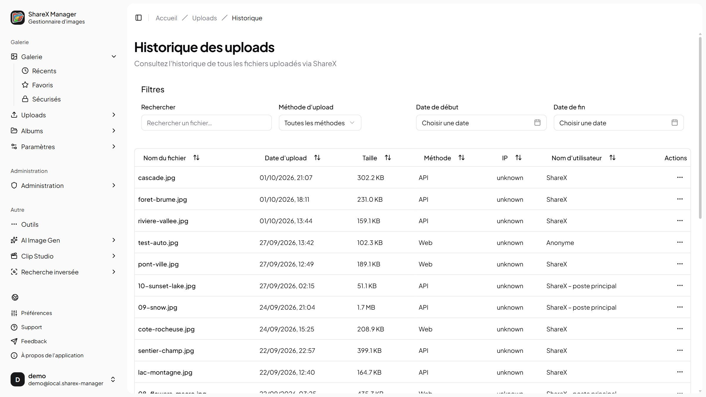 L'historique des uploads, avec la date, la taille et la méthode de chaque fichier